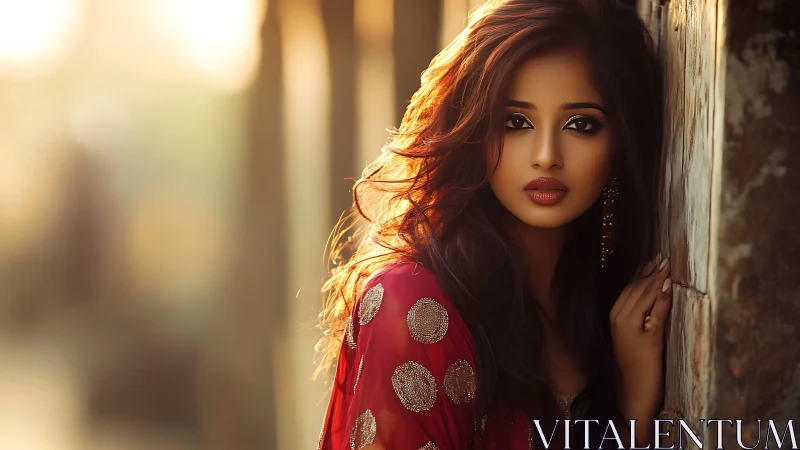 Sunlit portrait of woman in red saree exuding quiet grace