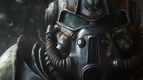 Rust-scarred power armor stares back with silent resolve