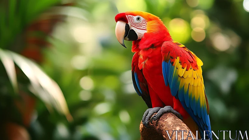 Vibrant Scarlet Macaw on Branch in Lush Tropical Setting, Realistic Style.
