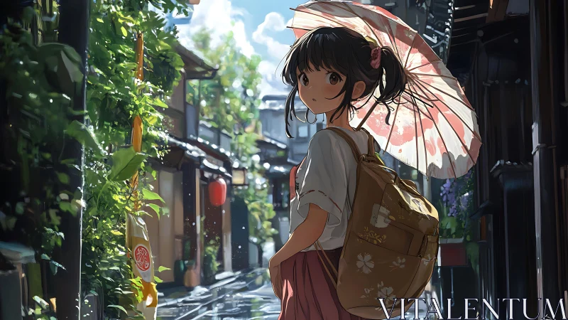 Summer stroll through a sunlit alley with a shy umbrella girl.