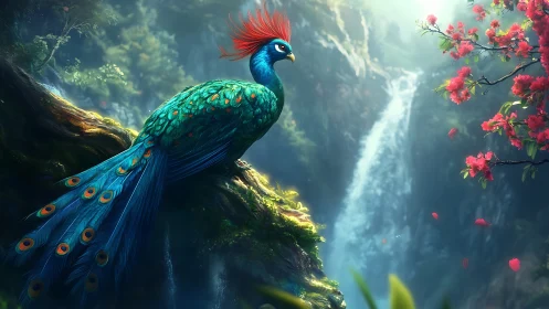Majestic Fantasy Bird in Lush Waterfall Landscape, Digital Art.