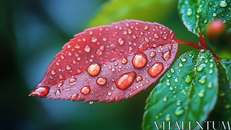 Red leaf with water droplets is photographed in macro view