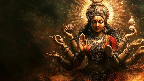 Radiant multi-armed goddess in incandescent digital aura.