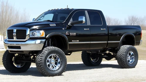 Lifted black Dodge Ram truck stands tall on off-road tires.