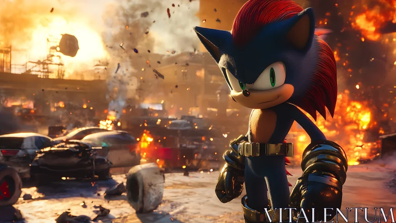 Anthropomorphic hedgehog figure in burning urban wreckage.