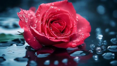 Crimson Rose with Dew Drops Against Blue Night.