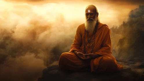 Elderly sage meditates in golden clouds at tranquil sunrise
