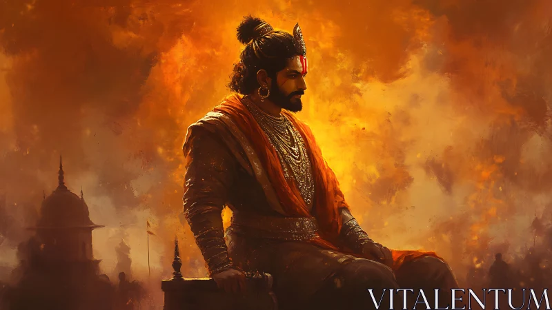 Warrior king sits in profile against intense orange sky