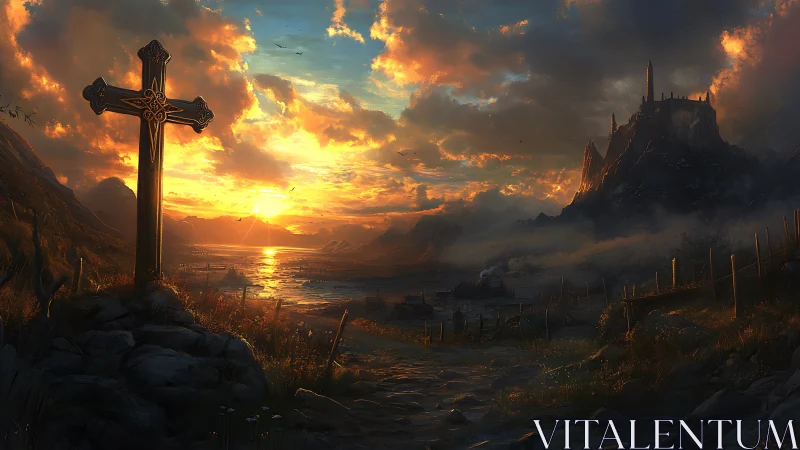 Sunlit cross overlooks misty valley and distant cliff fortress