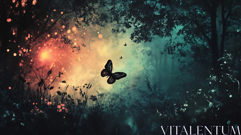 Butterfly silhouette in glowing dusk and dark forest.