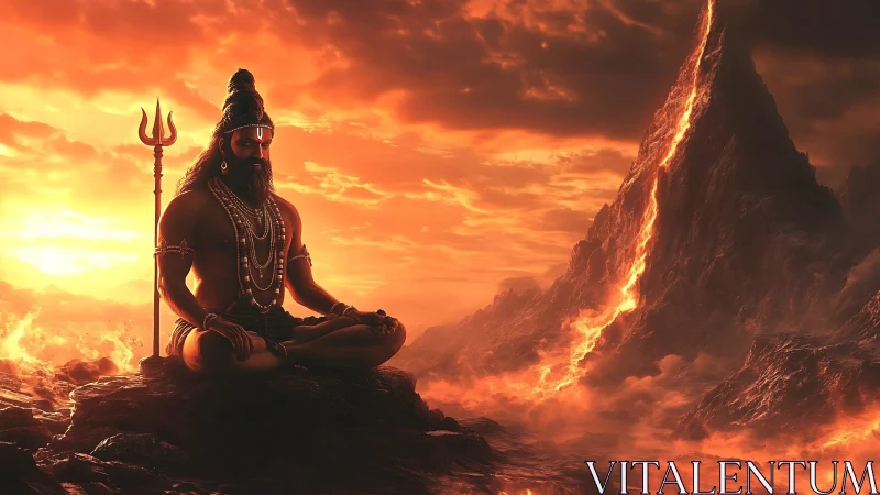 Ascetic deity meditates before volcanic peak in molten dusk