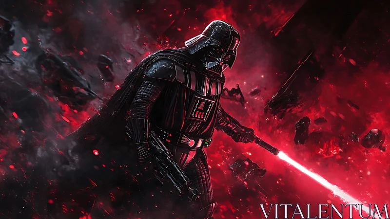 Armored dark warrior advances through red cosmic storm