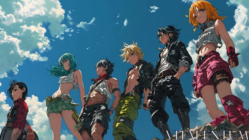 Postapocalyptic anime squad framed against vivid open sky.
