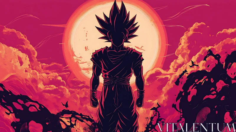 Glowing warrior silhouette greets a blazing cosmic sunset