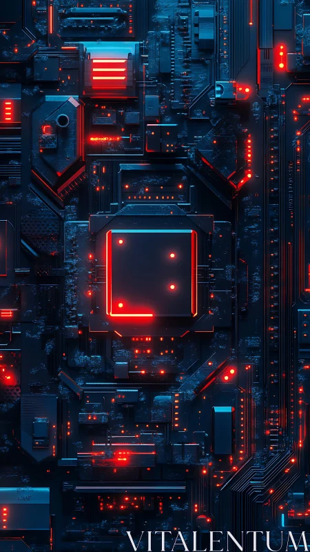 Neon motherboard maze with a glowing digital city heart.