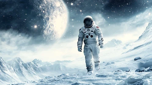 Lone astronaut crossing icy alien landscape under giant moon.