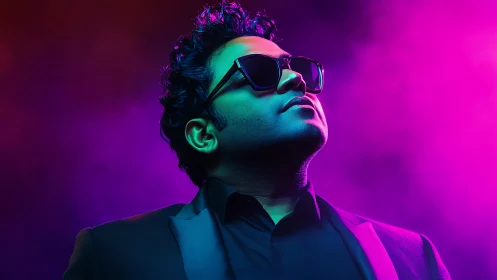 Neon backlit male portrait in cinematic magenta teal haze