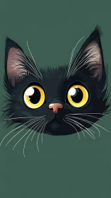 Black Cat Portrait with Luminous Amber Eyes Against Teal Background