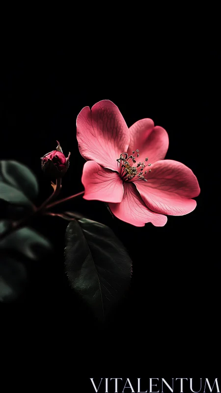 Backlit Pink Apple Blossom with Unopened Bud Against Noir Background.