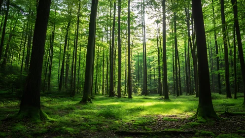 Serene green forest with sunbeams, tranquil nature landscape photo.