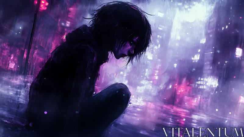 Solitary silhouette in neon-soaked nocturnal cityscape.