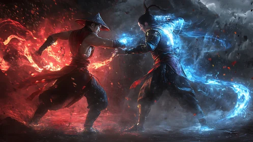 Elemental duel of fire and ice martial artists in dynamic clash