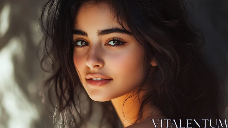 Sunlit portrait of a softly smiling, soulful young woman.