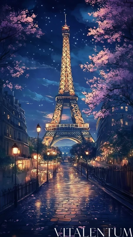 Eiffel Tower glows over romantic springtime Paris street.