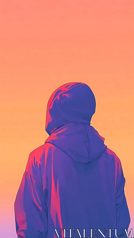 Backlit hooded figure in magenta jacket under gradient sunset sky