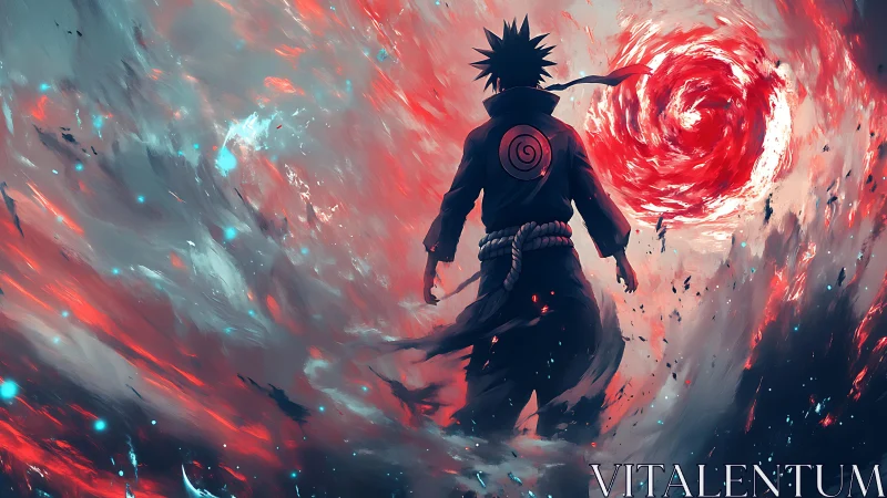 Dynamic anime warrior before swirling red energy vortex.