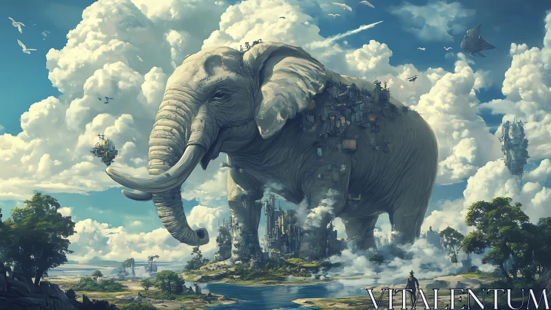 Skyward elephant city wandering through clouds of wonder.