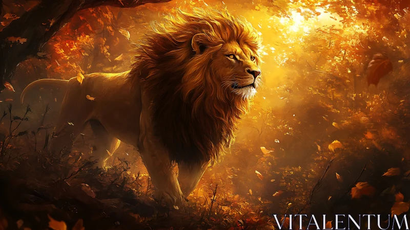 Male lion in autumn forest under strong golden light.