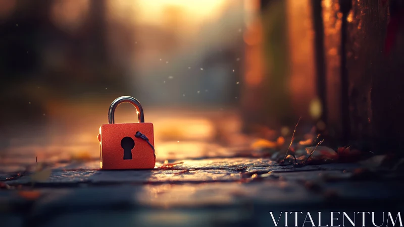 Orange padlock rests on cobblestone path in warm sunset glow