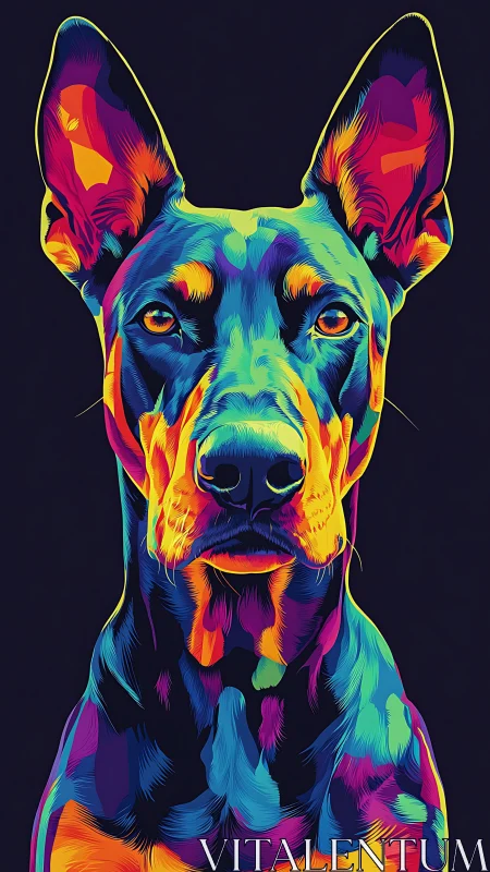 Multicolor stylized Doberman portrait on dark background.