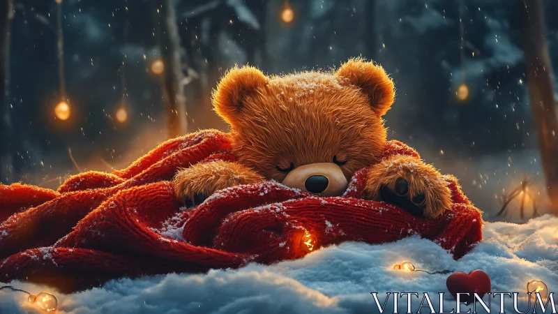 Cozy teddy bear napping in snowy woods under soft lights.