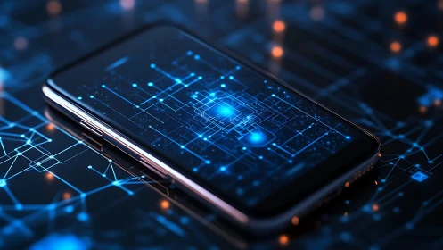 Advanced smartphone displaying luminous neural data circuit visualization