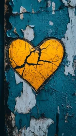 Weathered Golden Heart Symbol on Turquoise Concrete Wall.