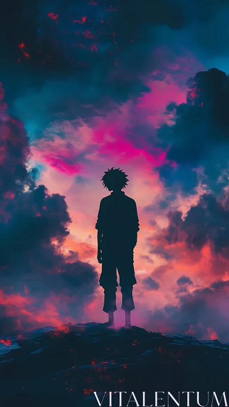 Silhouetted figure stands before vivid magenta and blue clouds
