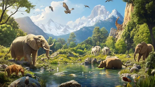 Peaceful wildlife gathering by a sunlit mountain waterhole.