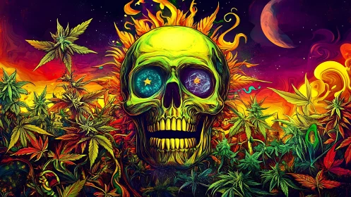 Neon skull rises over psychedelic cannabis jungle horizon.