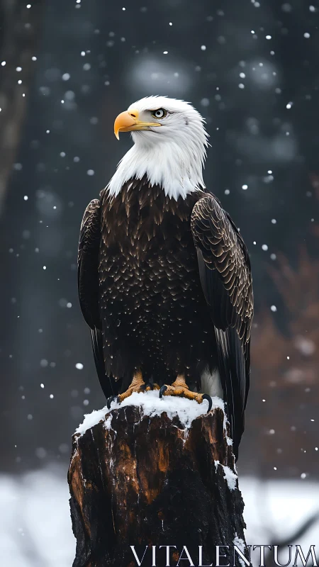 Snowfall sentinel: bald eagle crowned in winter quiet.