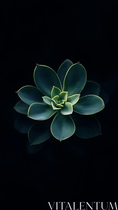 Succulent rosette glows against deep black negative space.