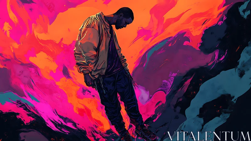 Solitary figure drifts over neon abstract stormscape