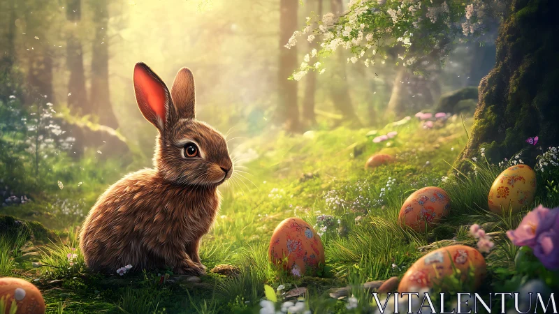 Spring forest bunny with decorated Easter eggs in backlight