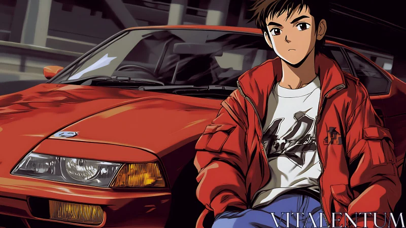 Street racer leans on red sports car under city overpass.