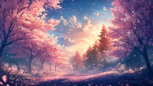 Soft springtime path drifts into dreamy, petal lit sunset