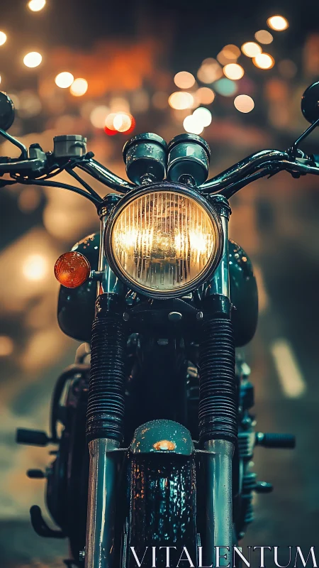 Vintage motorcycle headlight glows on rainy city street.