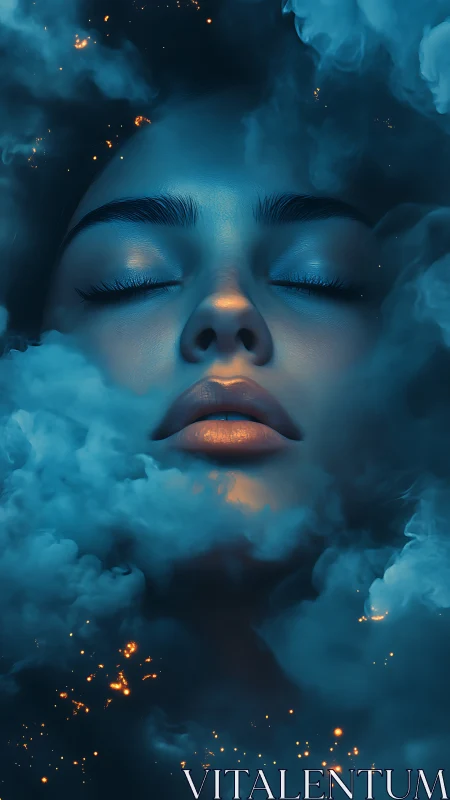 Luminous face emerging through teal smoke and ember sparks.
