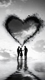 Three silhouetted figures in shallow water beneath heart-shaped cloud formation