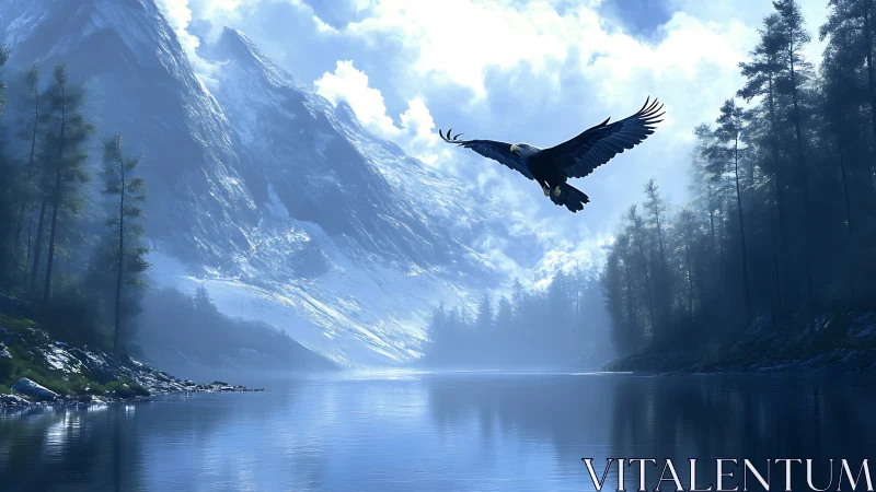 Glacial valley lake with raptor in low-altitude thermal glide.